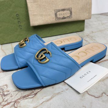 Marmont GG Logo Quilted Mules Blue Leather