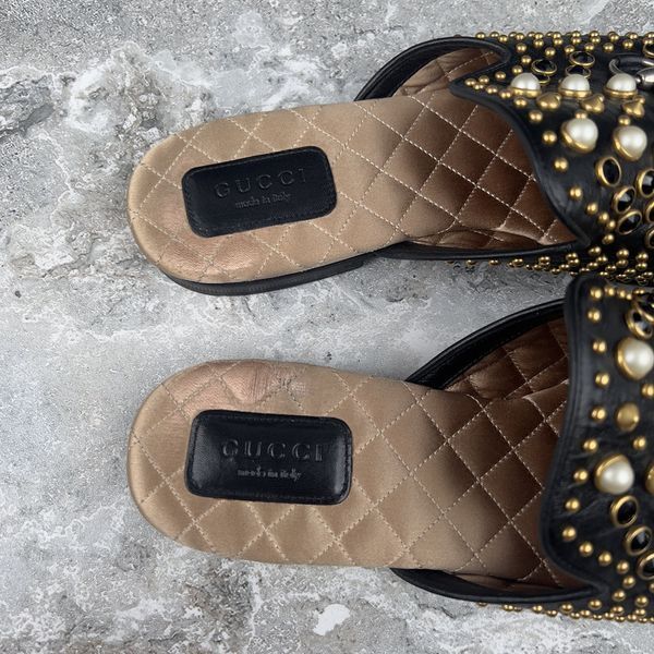 Princetown Horsebit Mules Pearl Studded Black Leather