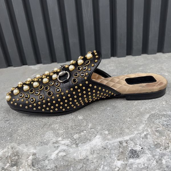 Princetown Horsebit Mules Pearl Studded Black Leather