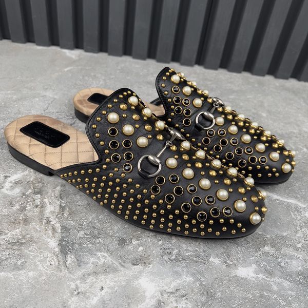 Princetown Horsebit Mules Pearl Studded Black Leather