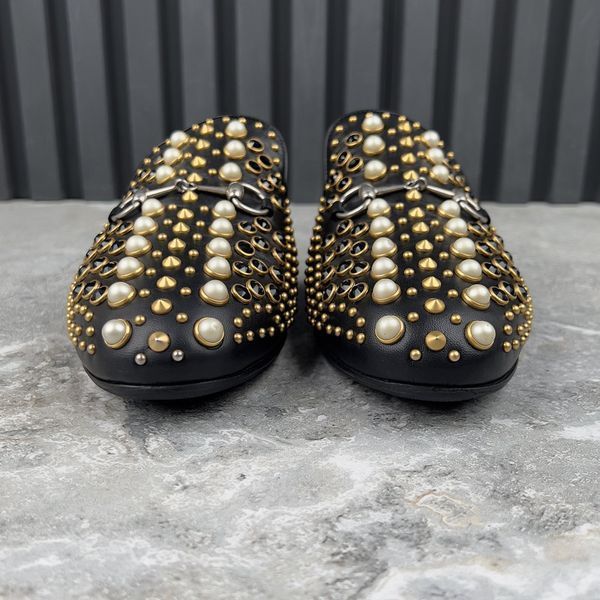 Princetown Horsebit Mules Pearl Studded Black Leather