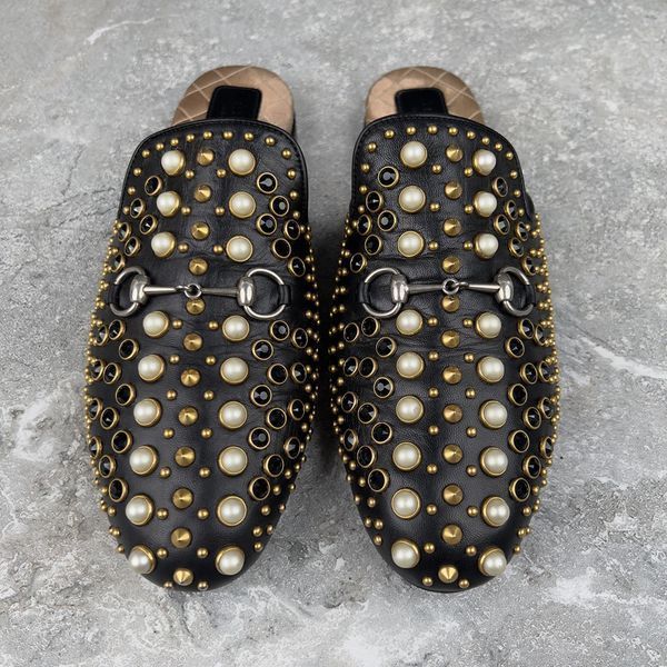 Princetown Horsebit Mules Pearl Studded Black Leather