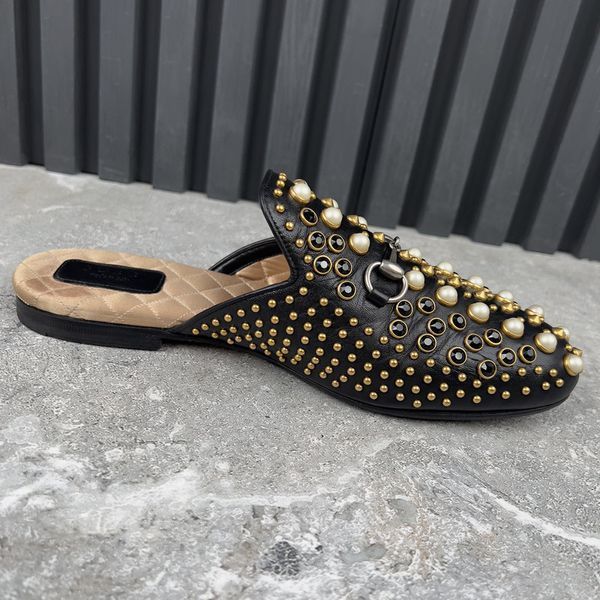 Princetown Horsebit Mules Pearl Studded Black Leather