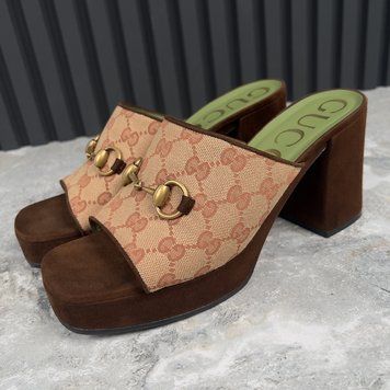 Houdan Horsebit Mules Platform Beige Canvas GG Suede