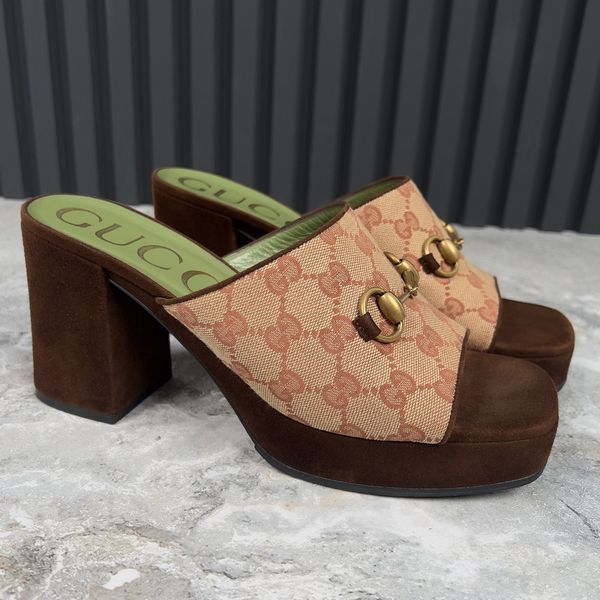 Houdan Horsebit Mules Platform Beige Canvas GG Suede