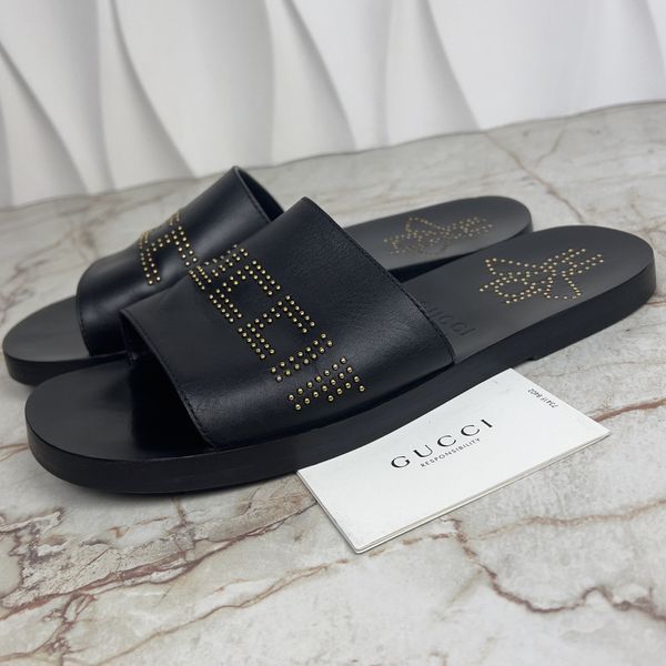 Studded Logo Bee Slides Sandals Black Leather