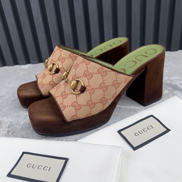 Houdan Horsebit Mules Platform Beige Canvas GG Suede