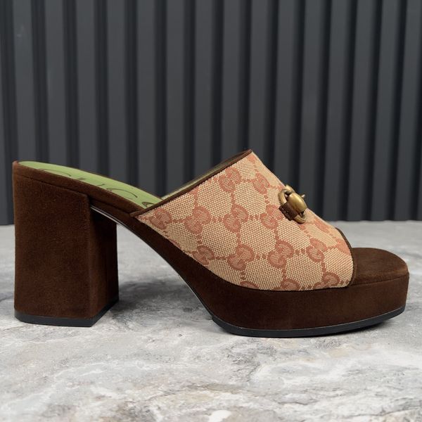 Houdan Horsebit Mules Platform Beige Canvas GG Suede