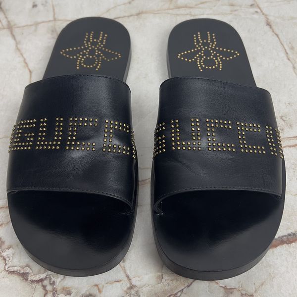 Studded Logo Bee Slides Sandals Black Leather