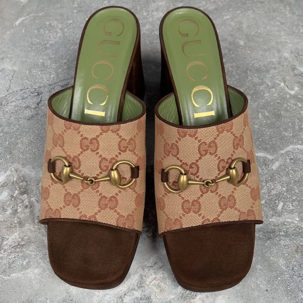 Houdan Horsebit Mules Platform Beige Canvas GG Suede