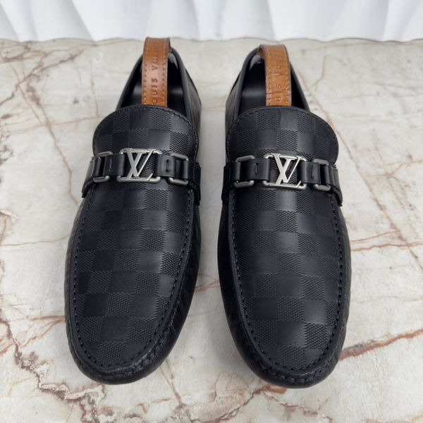 Hockenheim Damier Infini Driving Moccasins Black Leather