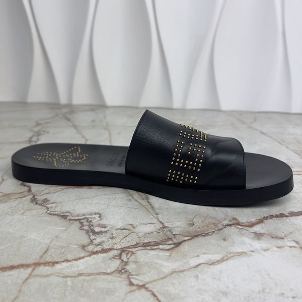 Studded Logo Bee Slides Sandals Black Leather