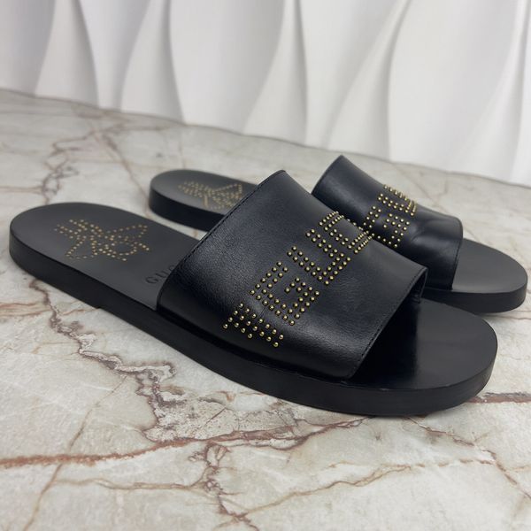 Studded Logo Bee Slides Sandals Black Leather