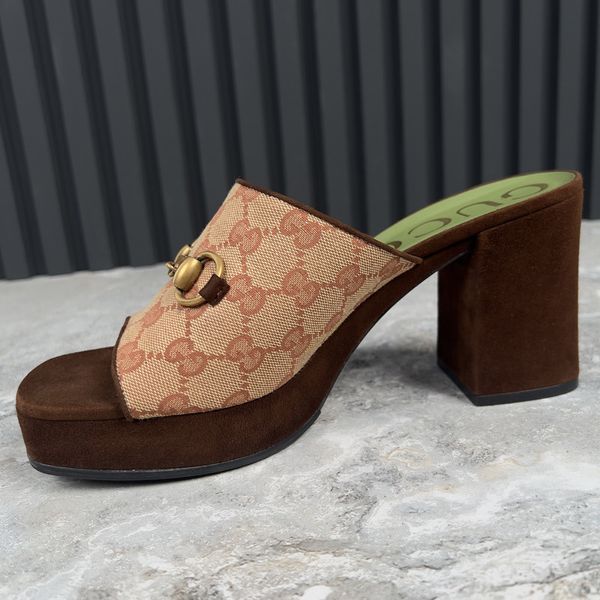 Houdan Horsebit Mules Platform Beige Canvas GG Suede