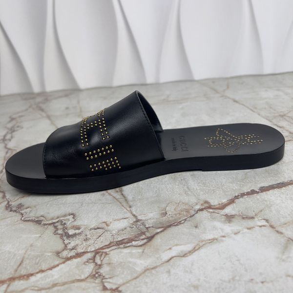 Studded Logo Bee Slides Sandals Black Leather