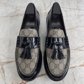 Millenial Ribot Tassel Loafers Supreme GG Canvas Beige Ebony Black Glaized Leather