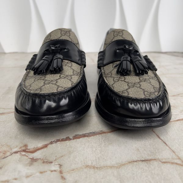 Millenial Ribot Tassel Loafers Supreme GG Canvas Beige Ebony Black Glaized Leather