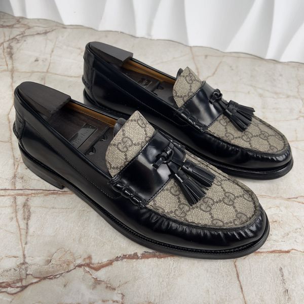 Millenial Ribot Tassel Loafers Supreme GG Canvas Beige Ebony Black Glaized Leather