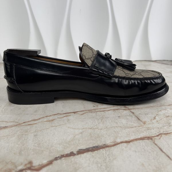 Millenial Ribot Tassel Loafers Supreme GG Canvas Beige Ebony Black Glaized Leather