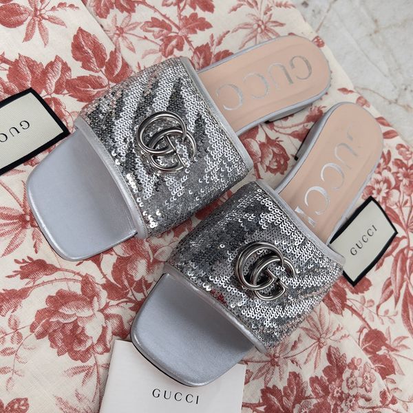 Marmont Double G Mule Sequin Silver Leather