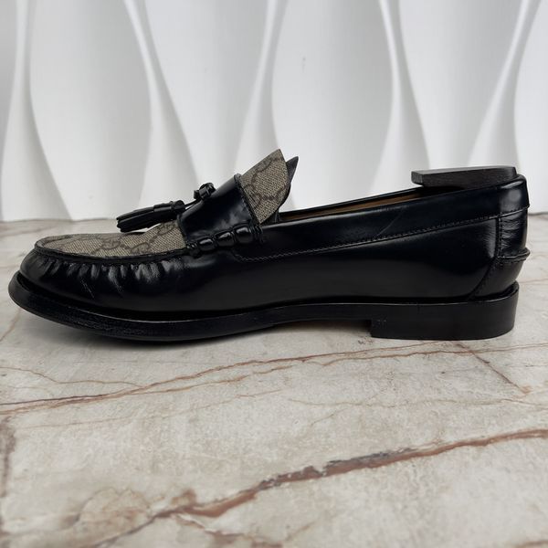 Millenial Ribot Tassel Loafers Supreme GG Canvas Beige Ebony Black Glaized Leather