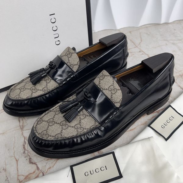 Millenial Ribot Tassel Loafers Supreme GG Canvas Beige Ebony Black Glaized Leather