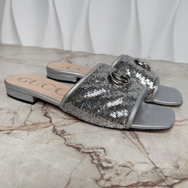 Marmont Double G Mule Sequin Silver Leather