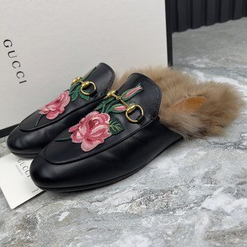 Princetown Horsebit Fur Mule Embroidered Black Leather