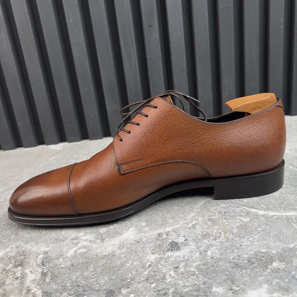 Dress Shoes Derby Cap Toe Brown Patina Taiga Leather