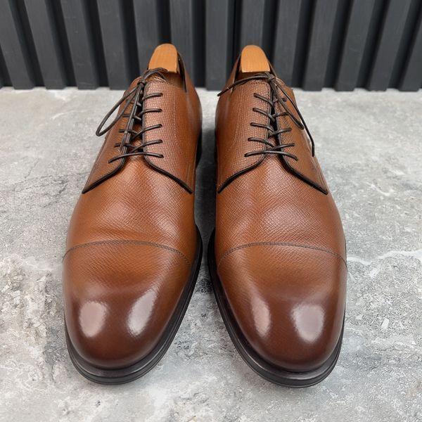 Dress Shoes Derby Cap Toe Brown Patina Taiga Leather