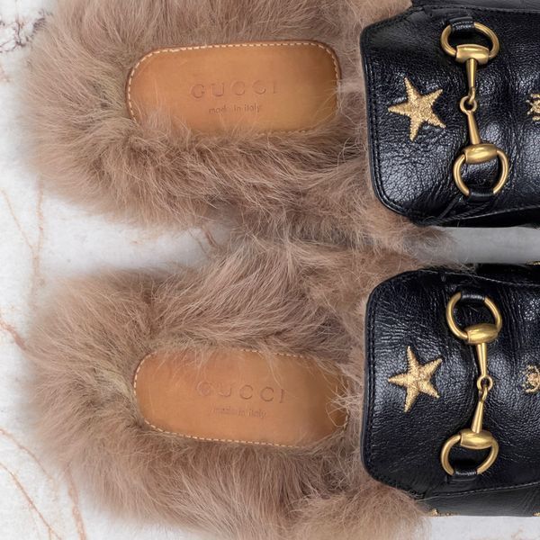 Princetown Horsebit Embroidered Bees Stars Fur Leather