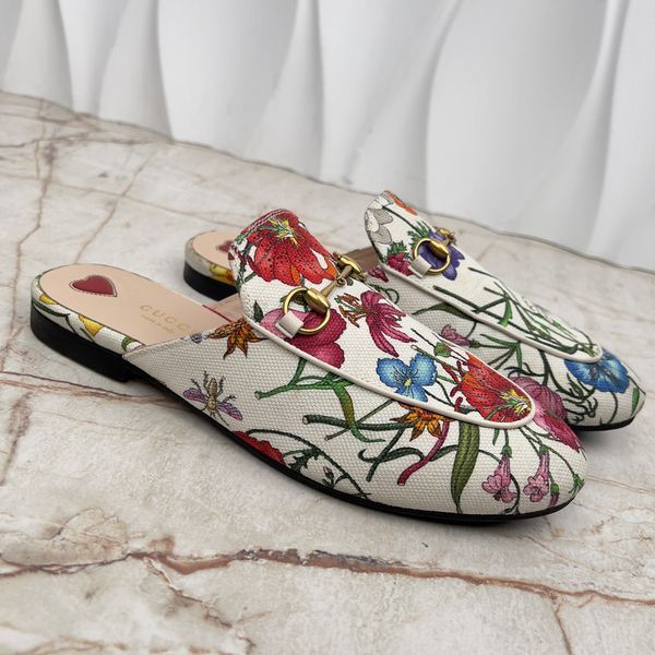 Princetown Horsebit Mule Floral White Fabric Canvas