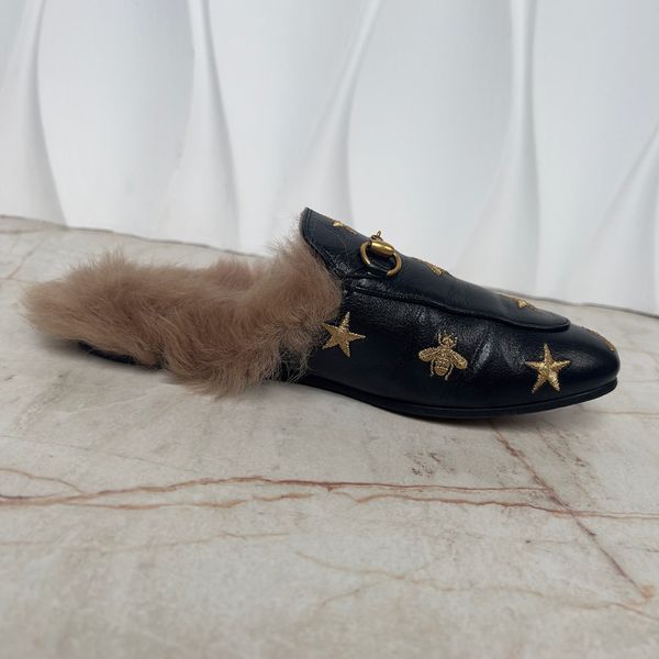 Princetown Horsebit Embroidered Bees Stars Fur Leather