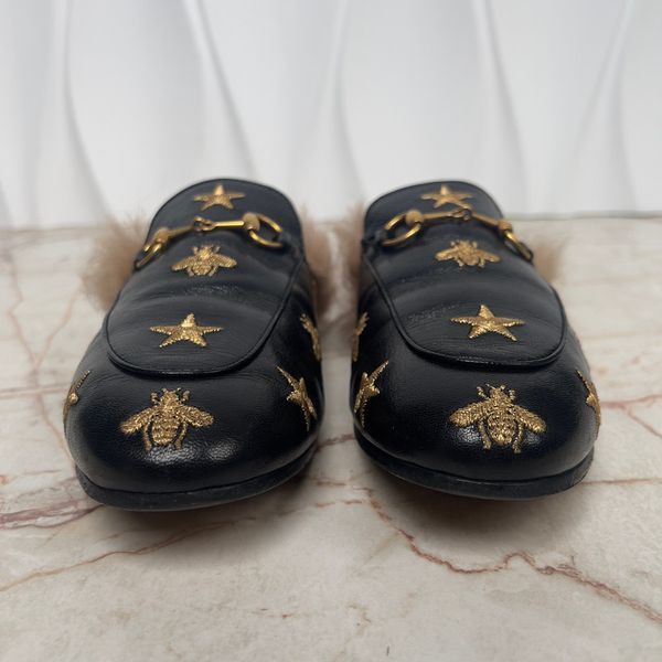 Princetown Horsebit Embroidered Bees Stars Fur Leather