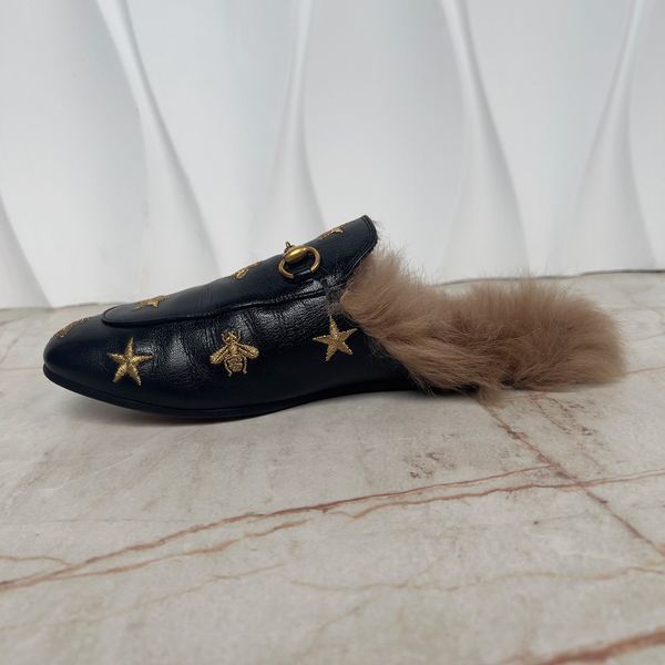 Princetown Horsebit Embroidered Bees Stars Fur Leather