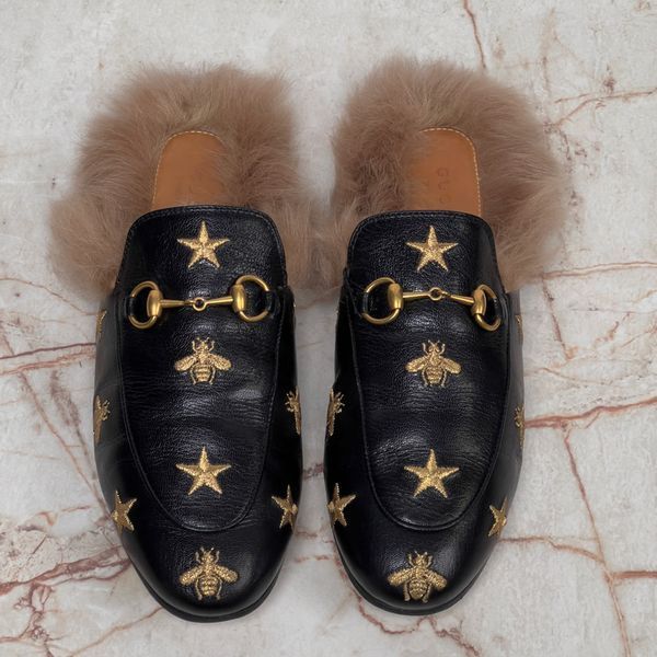 Princetown Horsebit Embroidered Bees Stars Fur Leather