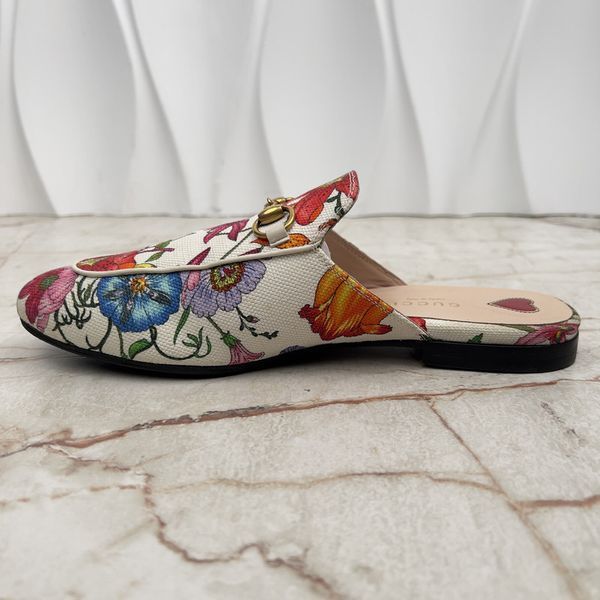 Princetown Horsebit Mule Floral White Fabric Canvas