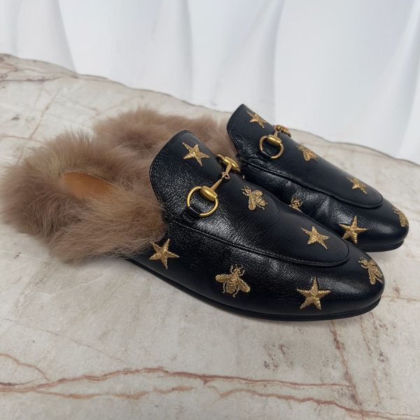 Princetown Horsebit Embroidered Bees Stars Fur Leather