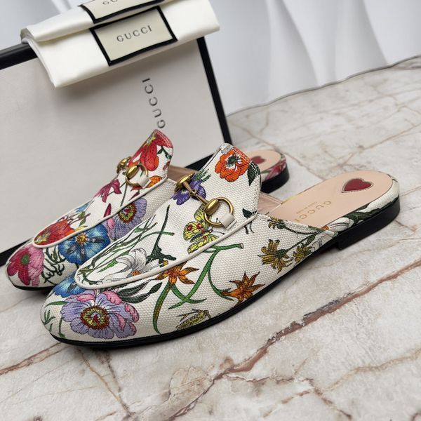 Princetown Horsebit Mule Floral White Fabric Canvas