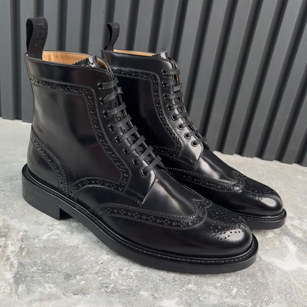 Boots Combat Brogue Perforated Wingtip Black Glazed Leather