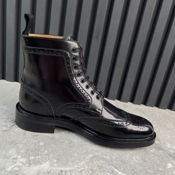 Boots Combat Brogue Perforated Wingtip Black Glazed Leather