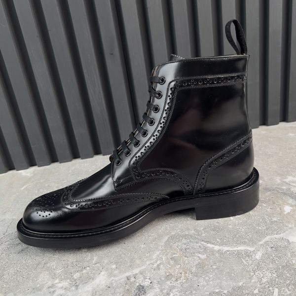 Boots Combat Brogue Perforated Wingtip Black Glazed Leather