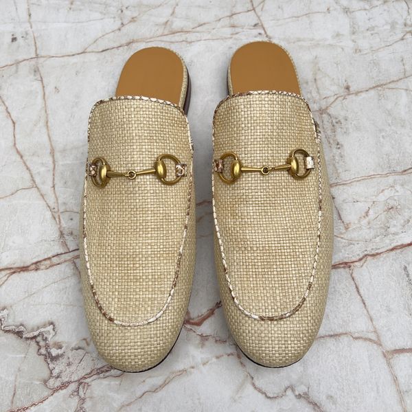 Princetown Horsebit Mule Beige Rafia Python Trim