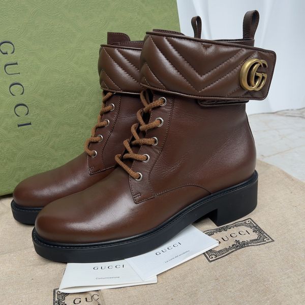 Marmont Double G Combat Boots Matelasse Brown Leather