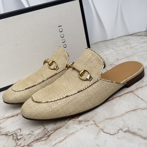 Princetown Horsebit Mule Beige Rafia Python Trim