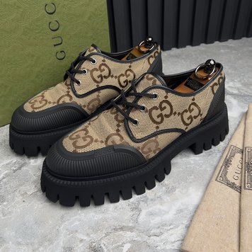 Maxi GG Chunky Lace-Up Dress Shoes Derby Black Beige Canvas Rubber