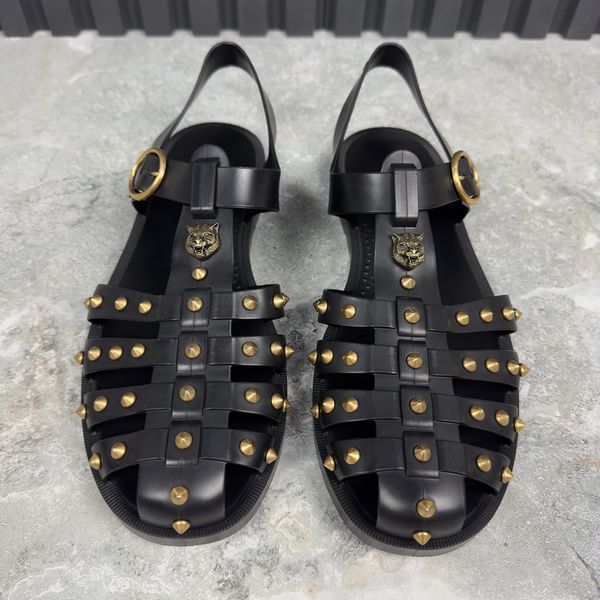Studded Buckle Strap Sandals Black Rubber
