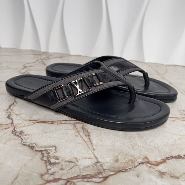 Thong Sandals Logo Blue Leather