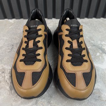 Rhyton Sneakers Brown Leather Signature GG Black Canvas