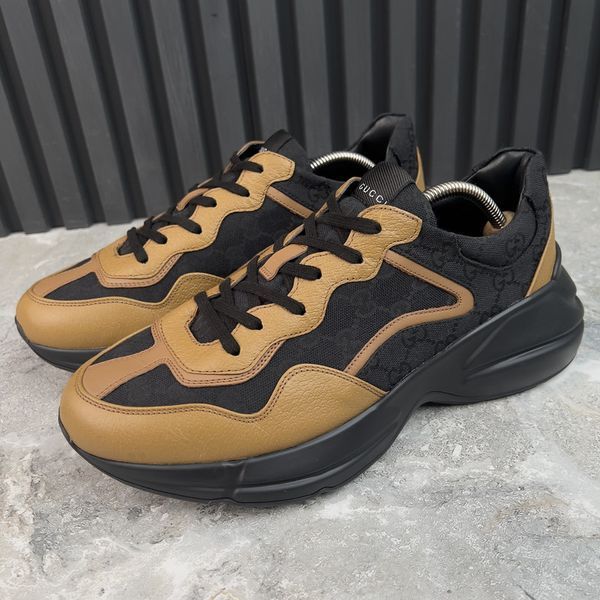 Rhyton Sneakers Brown Leather Signature GG Black Canvas
